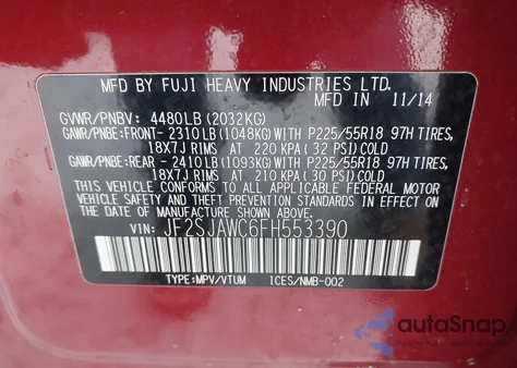 2015 Subaru Forester 2.5I Touring z USA, uszkodzony, nr VIN JF2SJAWC6FH553390